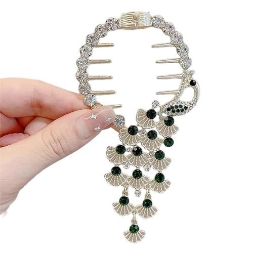 Tainrunse Haarschmuck mit Strasssteinen, elastischer Griff, elegante Pfauenform, Klaue, glänzender Clip, für Damen, Haarspange für Mädchen, Dutt-Halter, Haarnadel, Grün von Tainrunse