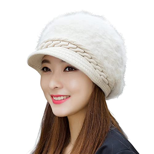 Tainrunse Knitted Beret Hat Temperament Fluffy Thermal Beanie Hat Windproof Short Brim Beige von Tainrunse