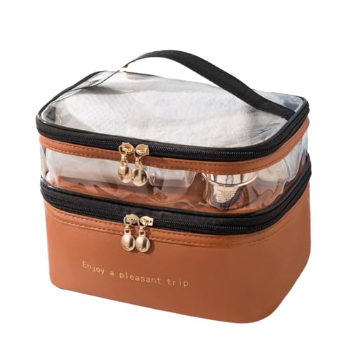 Tainrunse Kosmetik-Aufbewahrungstasche, großes Fassungsvermögen, doppellagig, wasserdicht, Reißverschluss, Make-up-Organizer, Tasche mit Griff, für Damen, Reisen, braun von Tainrunse