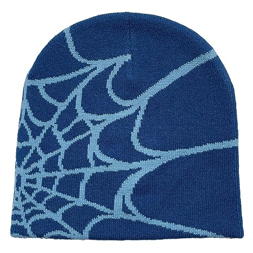 Tainrunse Spider Wed Print Cap Herbst Winter Hut Web gestrickt Unisex Beanie Halloween Party Hohe Elastizität Anti-Schrumpf Kontrastfarbe Outdoor Kältebeständig Himmelblau Einheitsgröße von Tainrunse