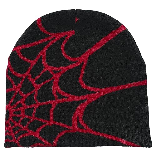 Tainrunse Spider Wed Print Cap Herbst Winter Hut Web gestrickt Unisex Beanie Halloween Party Hohe Elastizität Anti-Schrumpf Kontrastfarbe Outdoor Kältebeständig Rot Schwarz Einheitsgröße von Tainrunse