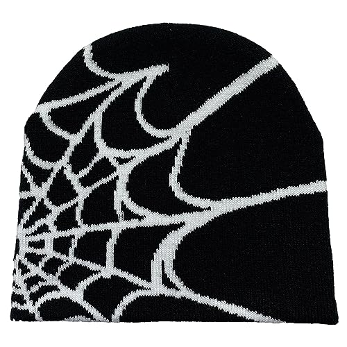 Tainrunse Spider Wed Print Cap Herbst Winter Hut Web gestrickt Unisex Beanie Halloween Party Hohe Elastizität Anti-Schrumpf Kontrastfarbe Outdoor Kältebeständig Schwarz-Weiss Einheitsgröße von Tainrunse