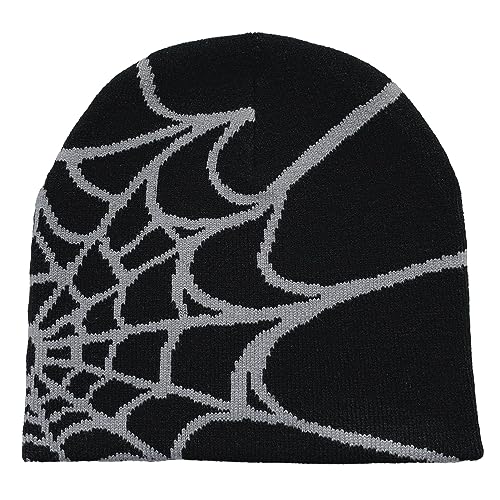 Tainrunse Spider Wed Print Cap Herbst Winter Hut Web gestrickt Unisex Beanie Halloween Party Hohe Elastizität Anti-Schrumpf Kontrastfarbe Outdoor Kältebeständig Schwarzgrau Einheitsgröße von Tainrunse