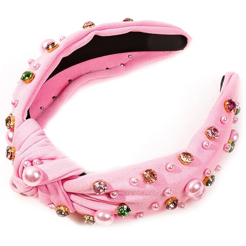 Tainrunse Stirnband mit Kunstperlen, elegantes Haarband für Damen, flexibel, elegant, Strass, Kunstperlen, Dekor, breites Stirnband, vielseitig, Rosa von Tainrunse