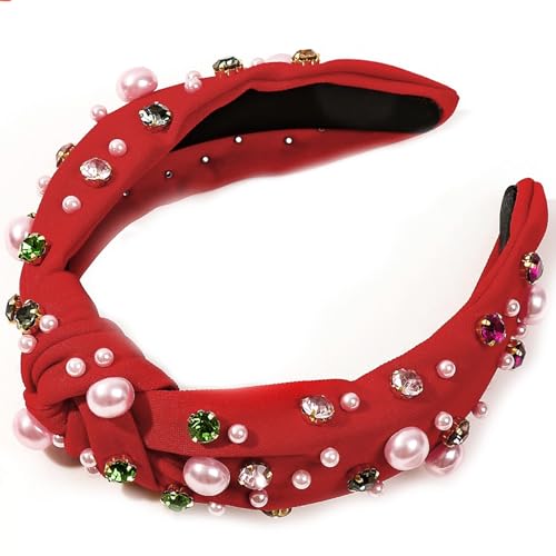 Tainrunse Stirnband mit Kunstperlen, elegantes Haarband für Damen, flexibel, elegant, Strass, Kunstperlen, Dekor, breites Stirnband, vielseitig, Rot von Tainrunse