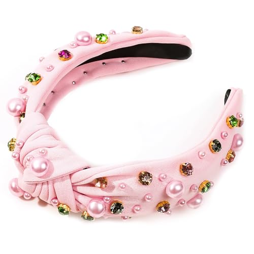 Tainrunse Stirnband mit Kunstperlen, elegantes Haarband für Damen, flexibel, elegant, Strass, Kunstperlen, Dekor, breites Stirnband, vielseitig, hellrosa von Tainrunse