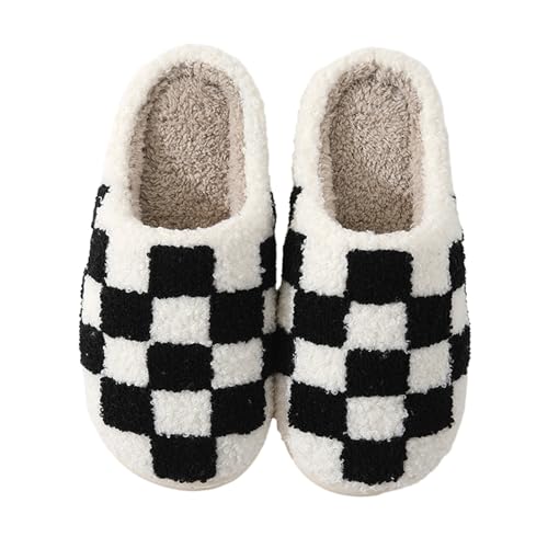 Tainrunse Verschleißfeste Hausschuhe Winter Baumwolle Hausschuhe Gemütlich Schachbrett Baumwolle Hausschuhe Warm Weich Rutschfest Unisex Verdickte Unterseite Baumwollschuhe, Schwarz , 40 EU von Tainrunse