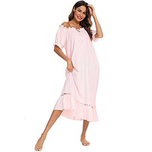 TaissBocco Damen Einteiliges langes Kleid Vintage Stil Nachthemd Kurzarm Nachthemd Casual Und Atmungsaktive Loungewear (M, F4) von TaissBocco