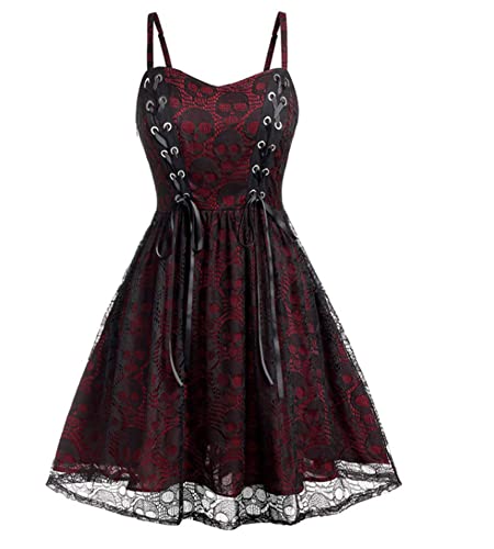 TaissBocco Damen Gothic Kleid Große Größe Halloween Spitze Netz Spleißen ärmellos rückenfrei kleines Kleid(M, F3) von TaissBocco