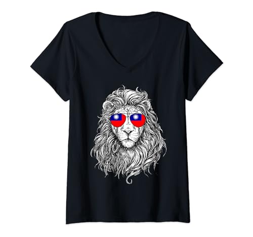 Damen Taiwan Flagge Löwe Sonnenbrille Taiwan Geschenke Liebe Taiwan T-Shirt mit V-Ausschnitt Damen Taiwan Flagge Löwe Sonnenbrille Taiwan Geschenke Liebe Taiwan T-Shirt mit V-Ausschnitt von Taiwan Flag Lion Shirts For Women Men Kids