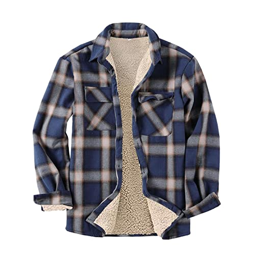 Take Idea Freizeithemden FüR Herren Kariert HolzfäLlerjacke Stehkragen Hemd GefüTtert Mit Flanell Outwear Freizeit Fracht Jacke Doppelte Brusttasche Buttoned Shirt, Winterjacke lang jacke, Marine, L von Take Idea