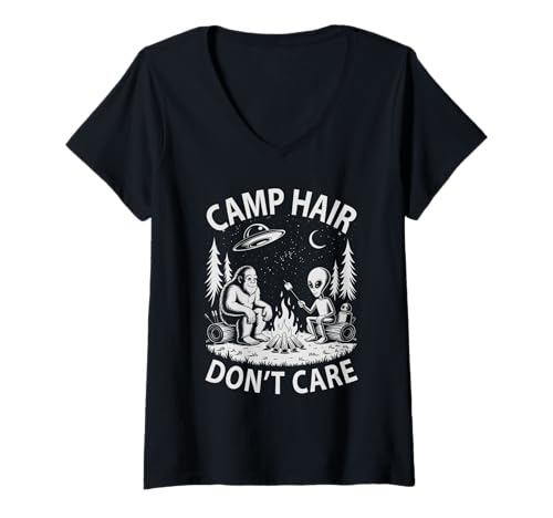 Damen Lustiges Bigfoot Camp Hair Don't Care Sasquatch Campingplatz Team T-Shirt mit V-Ausschnitt Damen Lustiges Bigfoot Camp Hair Don't Care Sasquatch Campingplatz Team T-Shirt mit V-Ausschnitt von Take Me To Your Dealer 2025 Sighting Campfire