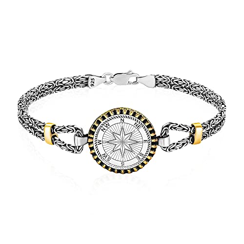 Takilingo 925 Sterling Silber North Star Modell runder Kompass Herrenarmband mit Königskette Silberschmuck Geschenk für Männer (20) von Takilingo