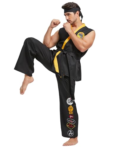 Takuvan Karate Kostüm für Herren Deluxe Übergröße Halloween Karate Gi Uniform Set mit schwarzem Gürtel Stirnband Erwachsene Unisex von Takuvan