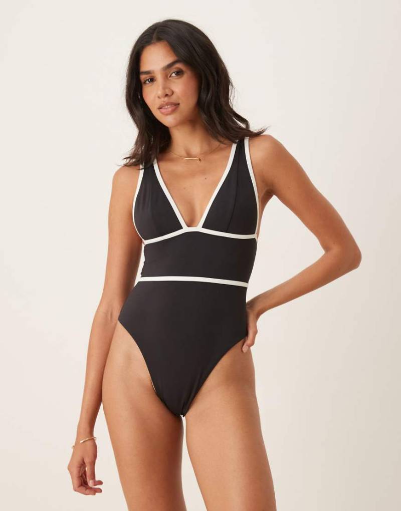 Tala - Badeanzug in Schwarz mit tiefem, kontrastierendem Ausschnitt von Tala