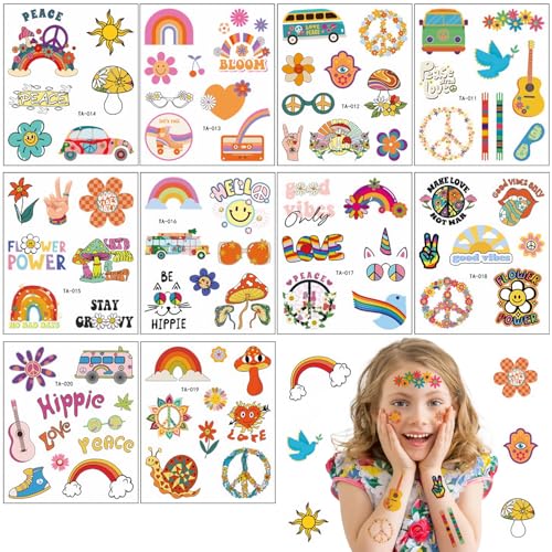10 Stück Hippie Tattoo Kinder,Hippie Tattoos Aufkleber Mädchen,Klebetattoos Jungen Gesicht,Blumen Kindertattoos Hautfreundlich,Temporäre Tattoos Kinder für Karneval Fasching Party von TaleMoon