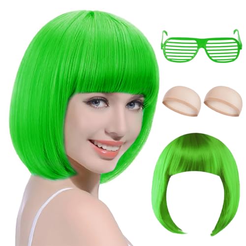 Perücke Damen Fasching Grün,Bob Perücke Grüne,Perrücke Frauen Kurz mit Haarnetz und Bunte Brille,Perrücke Frauen 80er Damen,Green Wig für Karneval Fasching Cosplay Party von TaleMoon