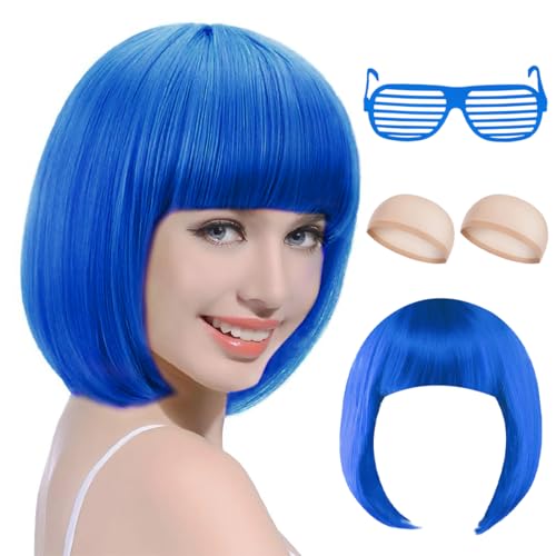 TaleMoon Perücke Damen Fasching Blau,Bob Perücke Blau,Perrücke Frauen Kurz mit Haarnetz und Bunte Brille,Perrücke Frauen 80er Damen,Blaue Wig für Karneval Fasching Cosplay Party von TaleMoon