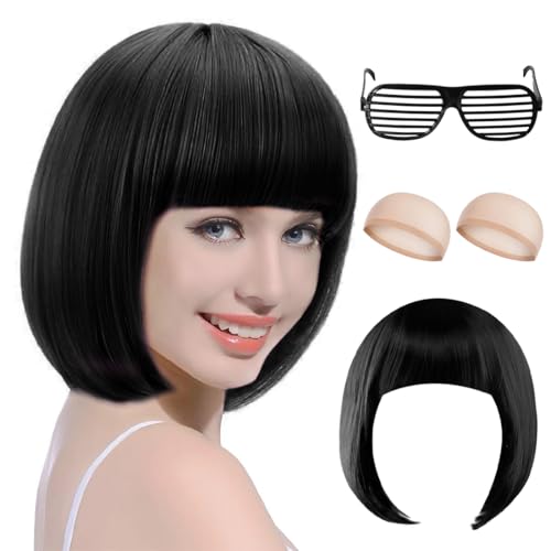 Perücke Damen Fasching Schwarz,Bob Perücke Schwarz,Perrücke Frauen Kurz mit Haarnetz und Bunte Brille,Perrücke Frauen 80er Damen,Bob Black Wig für Karneval Fasching Cosplay Party von TaleMoon