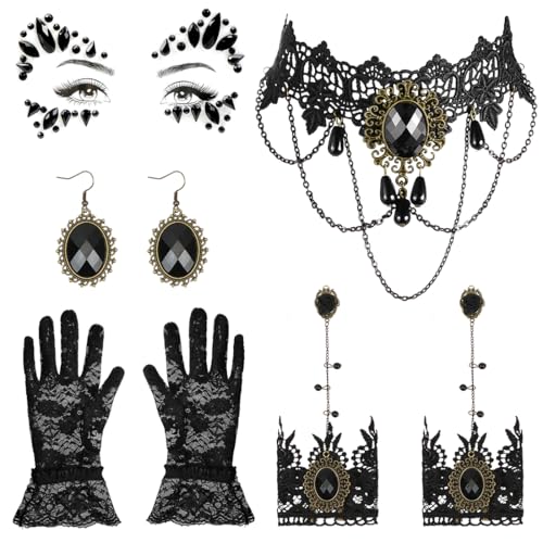 TaleMoon Gothic Schmuck Accessoires,Glitzersteine Gesicht Spitze Choker Armbänder Handschuhe Ohrringe Damen,Steampunk Kostüm Damen,Steampunk Accessoires,Vampir Kostüm Zubehör für Halloween Karneval von TaleMoon