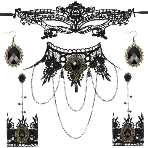TaleMoon Gothic Schmuck Accessoires,Steampunk Spitze Choker Armbänder Augenmaske Ohrringe Damen,Steampunk Kostüm Damen,Steampunk Accessoires,Vampir Kostüm Zubehör für Halloween Karneval von TaleMoon