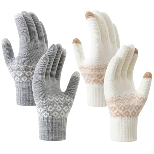 TaleMoon Handschuhe Damen Touchscreen, 2 Pairs Thermo Handschuhe Damen Winter, Fleece Handschuhe Damen, Winterhandschuhe Frauen, Winter Gloves Baumwolle für Frauen und Männer（Grau+Weiß） von TaleMoon