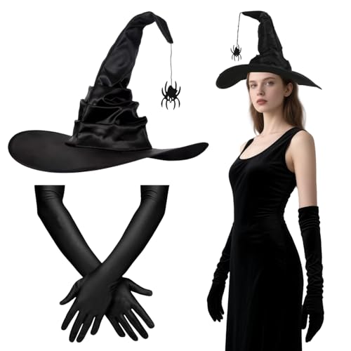 TaleMoon Hexenhut Damen, Karneval Hexenhüte und Lange Handschuhe Set, Witch Hat Schwarz mit Spinnenanhänger, Halloween Hüte Kostüm Zubehör Accessoires für Karneval Fasching Mottoparty Cosplay von TaleMoon