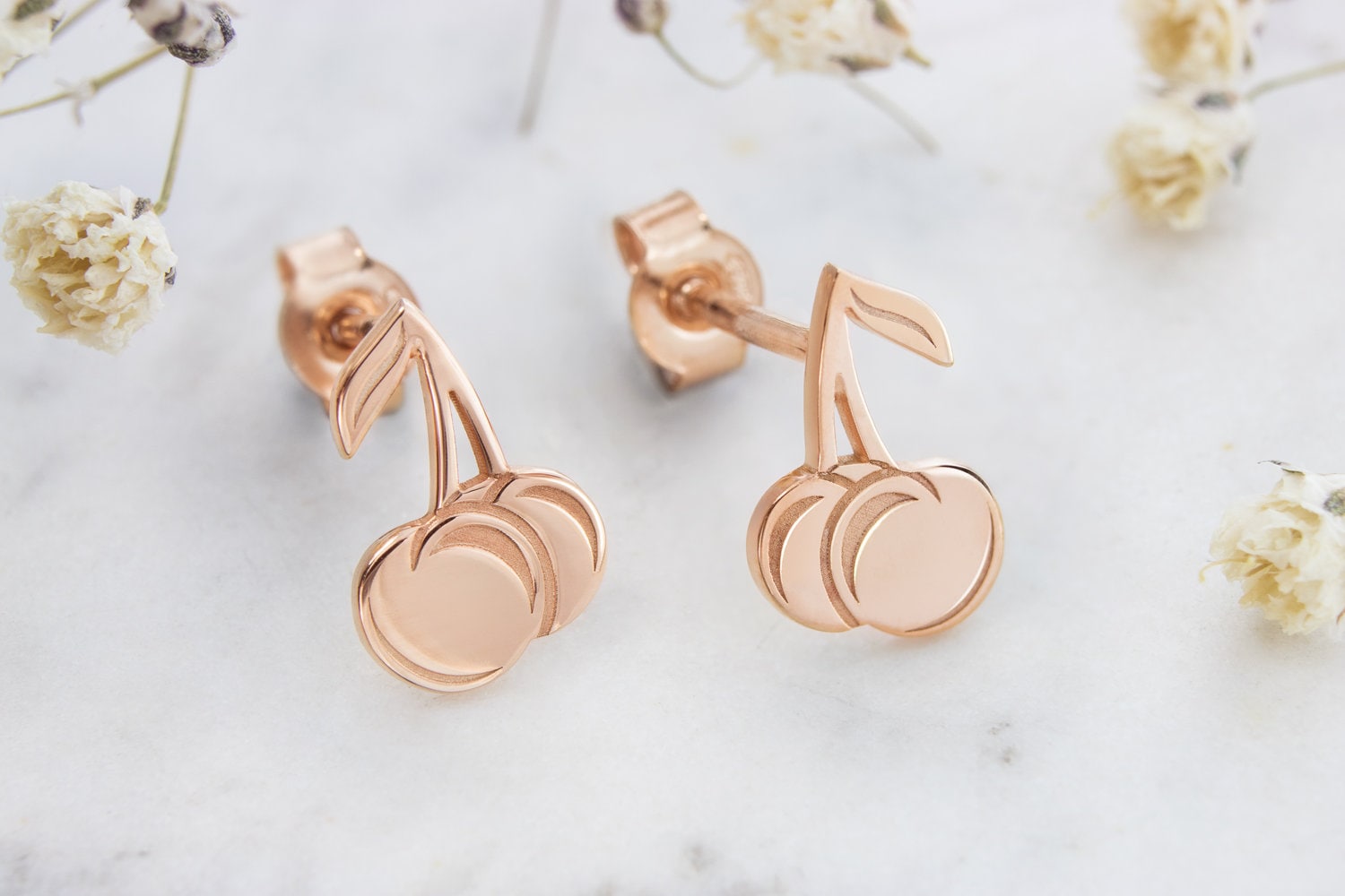 Gold Kirsch Ohrstecker, 9K 14K 18K Rose Ohrringe, Frucht Geschenk Für Sie, Rosegold Sommer Obst Schmuck Frauen von TalesInGold