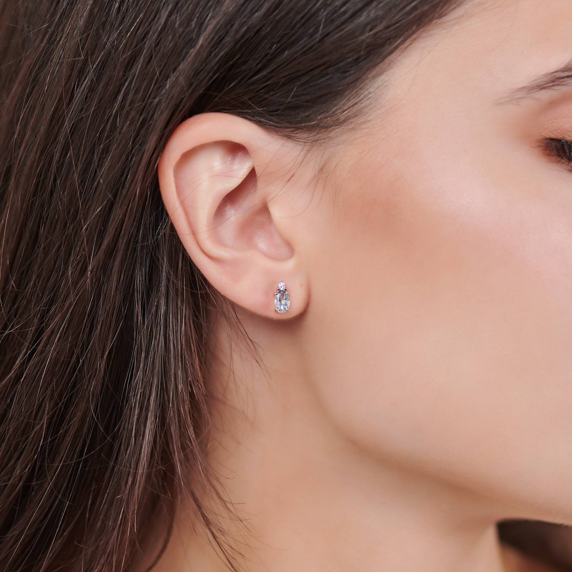 Himmelblau Topas Und Diamant, 9K 14K 18K Gold Ohrstecker, Oval Runder November Geburtsstein, Edelstein Schmuck, Geschenk Für Sie von TalesInGold