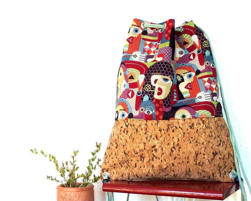 Kork-Leder Turnbeutel Innentasche Gesichter Bunt Abstrakt von TalidaStudio