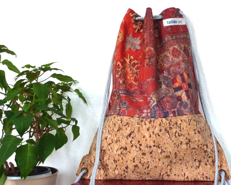 Kork Turnbeutel Innentasche Ethno Terracotta Windlederimitat Schwarz von TalidaStudio