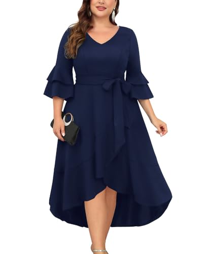 Hochzeitskleid in Übergröße – halbformale Doppelglockenärmel, V-Ausschnitt, hohe niedrige Rüschen, Cocktailkleider mit Gürtel, Marineblau, 50 Mehr von Talisea