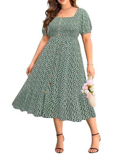Sommerkleider in Übergröße – Boho, lässig, für Hochzeitsgäste, Midi, fließend, kurze Ärmel, gesmoktes Button-Down-Kleid für kurvige Frauen, Grünes Blumenmuster, 50 Mehr von Talisea