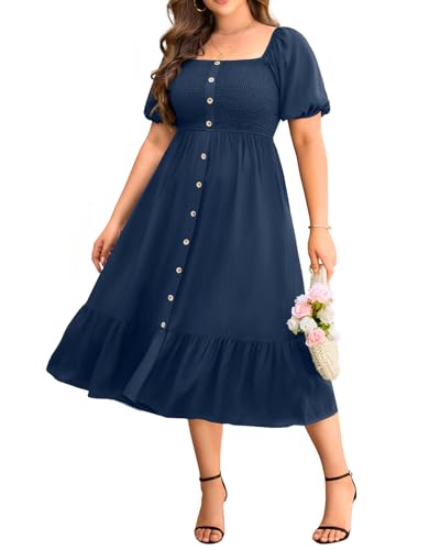 Sommerkleider in Übergröße – Boho, lässig, für Hochzeitsgäste, Midi, fließend, kurze Ärmel, gesmoktes Button-Down-Kleid für kurvige Frauen, Marineblau, 50 Mehr von Talisea