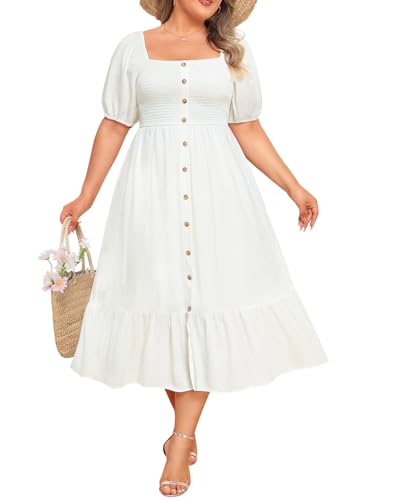 Sommerkleider in Übergröße – Boho, lässig, für Hochzeitsgäste, Midi, fließend, kurze Ärmel, gesmoktes Button-Down-Kleid für kurvige Frauen, Weiss/opulenter Garten, 48 Mehr von Talisea