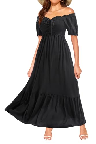 Sonnenkleider in Übergröße für Damen, Sommer, schulterfrei, Puffärmel, A-Linie, Boho, Maxi-Flow-Kleid, langes Kleid 2025, Schwarz, Mittel von Talisea