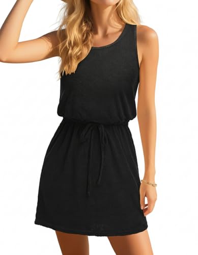 Talisea Badeanzug für Damen – Frottee-Strandkleid – Kordelzug ärmellos lässig Sommerkleid Taschen, Schwarz, Klein von Talisea