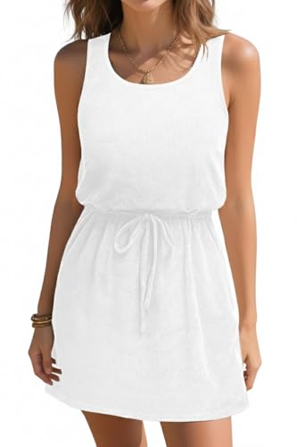 Talisea Badeanzug für Damen – Frottee-Strandkleid – Kordelzug ärmellos lässig Sommerkleid Taschen, Weiss/opulenter Garten, Klein von Talisea
