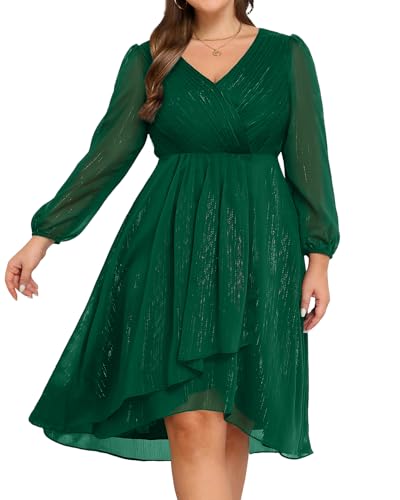 Talisea Cocktailkleid in Übergröße – formelle Hochzeitsgäste Herbst Langarm A-Linie Plissee V-Ausschnitt Midikleider für kurvige Frauen, Dunkelgrün, 50 Mehr von Talisea