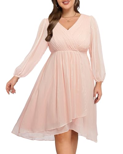 Talisea Cocktailkleid in Übergröße – formelle Hochzeitsgäste Herbst Langarm A-Linie Plissee V-Ausschnitt Midikleider für kurvige Frauen, Pink, 50 Mehr von Talisea