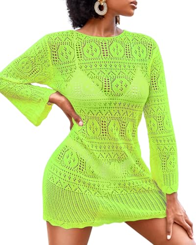Talisea Damen Häkel-Badeanzug Cover Up Langarm Bikini Coverups Bademode Mesh Knit Strandkleid 2024, neon green, Medium von Talisea