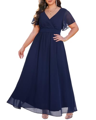 Talisea Formelle Kleider in Übergröße – V-Ausschnitt, Flatterärmel, Glitzer, Abschlussball, Abendkleid, Hochzeitsgäste, Chiffon, langes Maxikleid, Blauer Chiffon, 46 Mehr von Talisea
