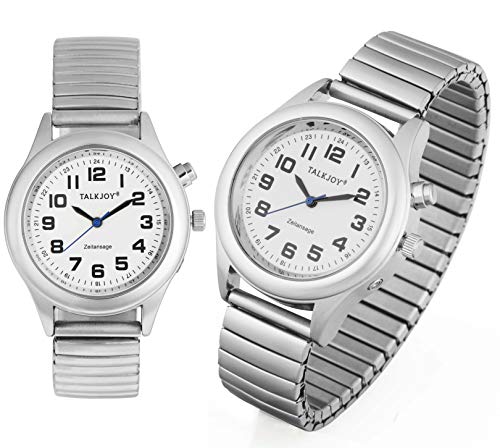 TalkJoy Sprechende Armbanduhr für Herren, Uhr für Senioren & Blinde, Sprachansage in Deutsch, Uhrzeit & Datum per Knopfdruck, große Zahlen, Wecker, automatische Zeitansage, Farbe Silber von TalkJoy