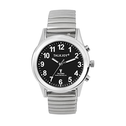 TalkJoy Premium Schwarzes Zifferblatt Funkuhr Herren Sprechende Uhr Metallzugarmband Armbanduhr Seniorenuhr Blindenuhr von TalkJoy