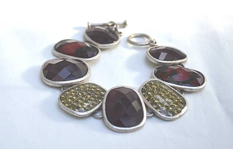 Strass Armband, Silber Toggle Silberfarbenes Rot Und Gelb Statement Link Vintage Armband von TalkoftheTown