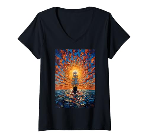 Damen Segelschiff Nautical Horizon Sea Sky T-Shirt mit V-Ausschnitt von Tall Ship Ocean Voyage Sunset