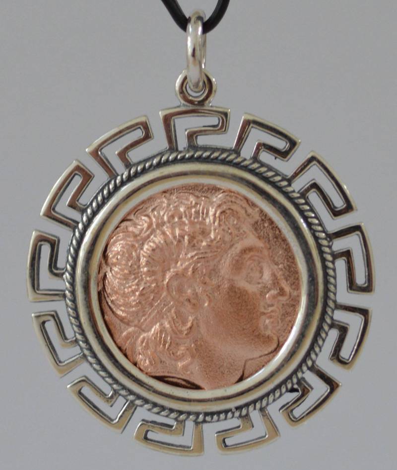 Alexander Der Große Lysimachos X-Large Silbermünzenanhänger | Rosevergoldet - Makedonien König Rosevergoldetes Silbermedaillon Mit Meander von TalosArtifacts