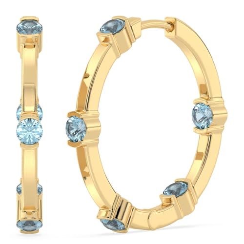 Goldene Huggie-Ohrringe mit runden natürlichen Edelsteinen, 22x3mm, Sterling Silber Edelstein, Aquamarin von Talula
