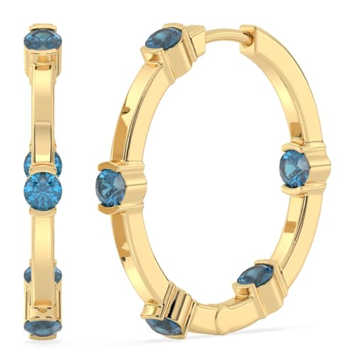 Goldene Huggie-Ohrringe mit runden natürlichen Edelsteinen, 22x3mm, Sterling Silber Edelstein, Aquamarin von Talula