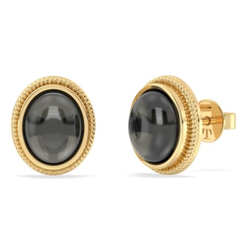 Ohrstecker aus 925er Silber mit 14 Karat Vergoldung (1 Mikron), natürliche Edelstein-Ohrstecker, zierliche ovale Ohrringe für Damen, 13.4x11.3mm, Sterling Silber Edelstein, Schwarzer Mondstein von Talula